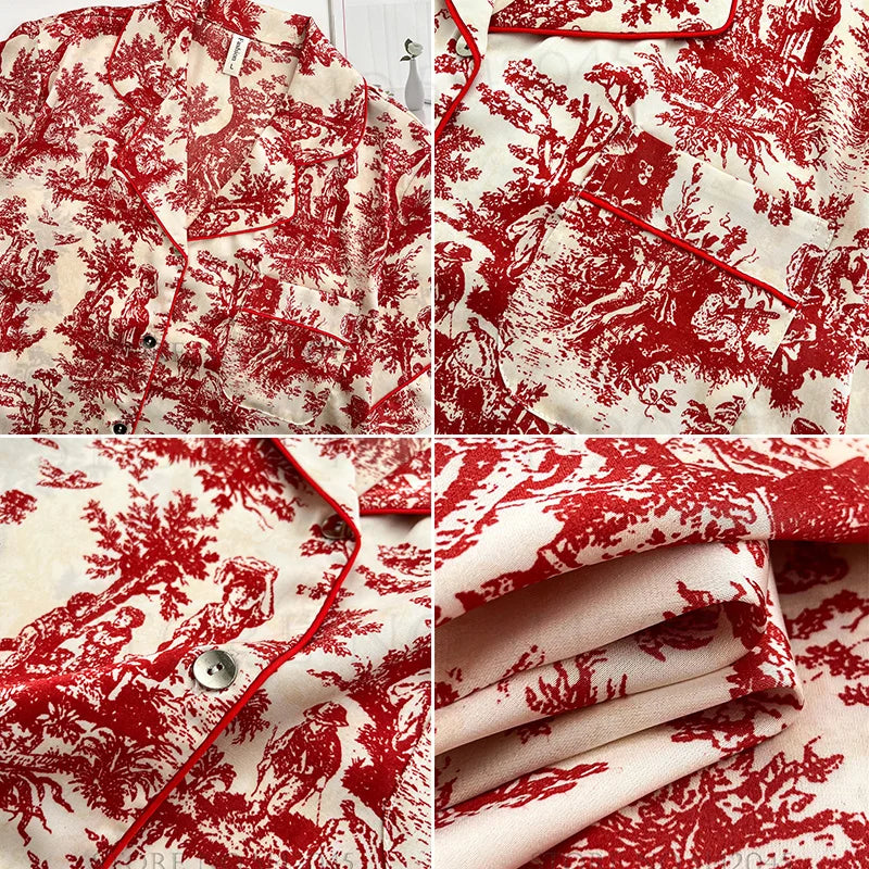 Summer Women Short Sleeve Pajamas Set Shorts Loungewear Sexy Print Satin Nightwear Pijamas Suit Loose Pyjama Pour Femme Homewear