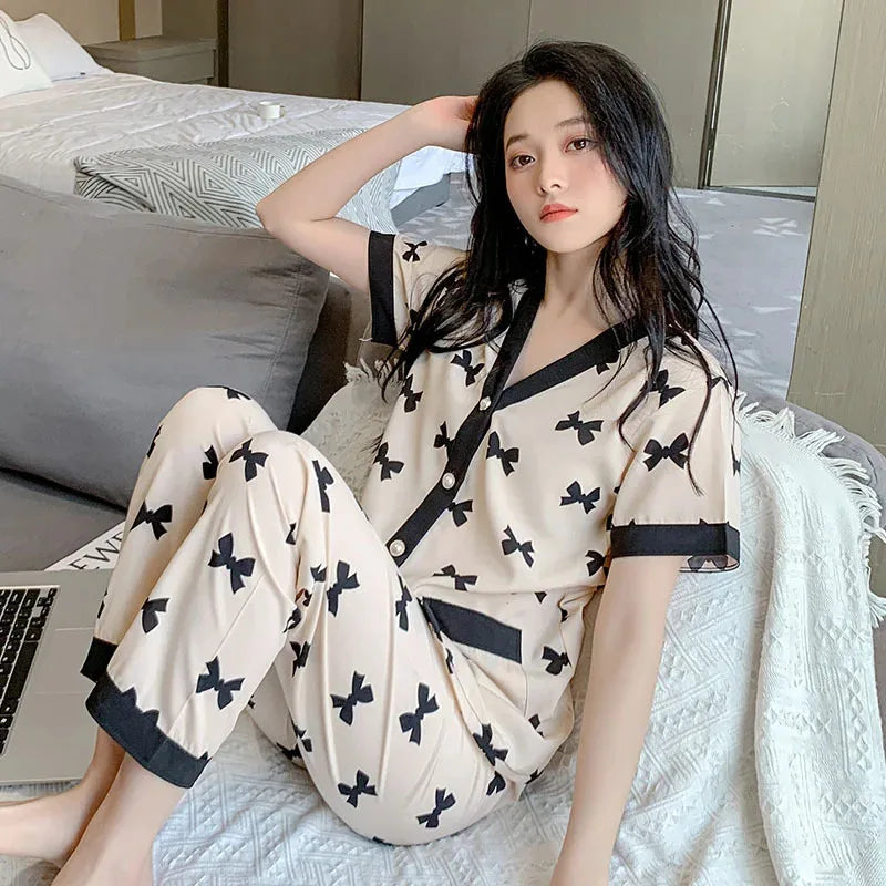 Korean Pajamas Set for Women Summer Spring Kimono Sleepwear Girls Fashion Cute Ladies Pyjama Bow Pijamas Japanese Loungewear