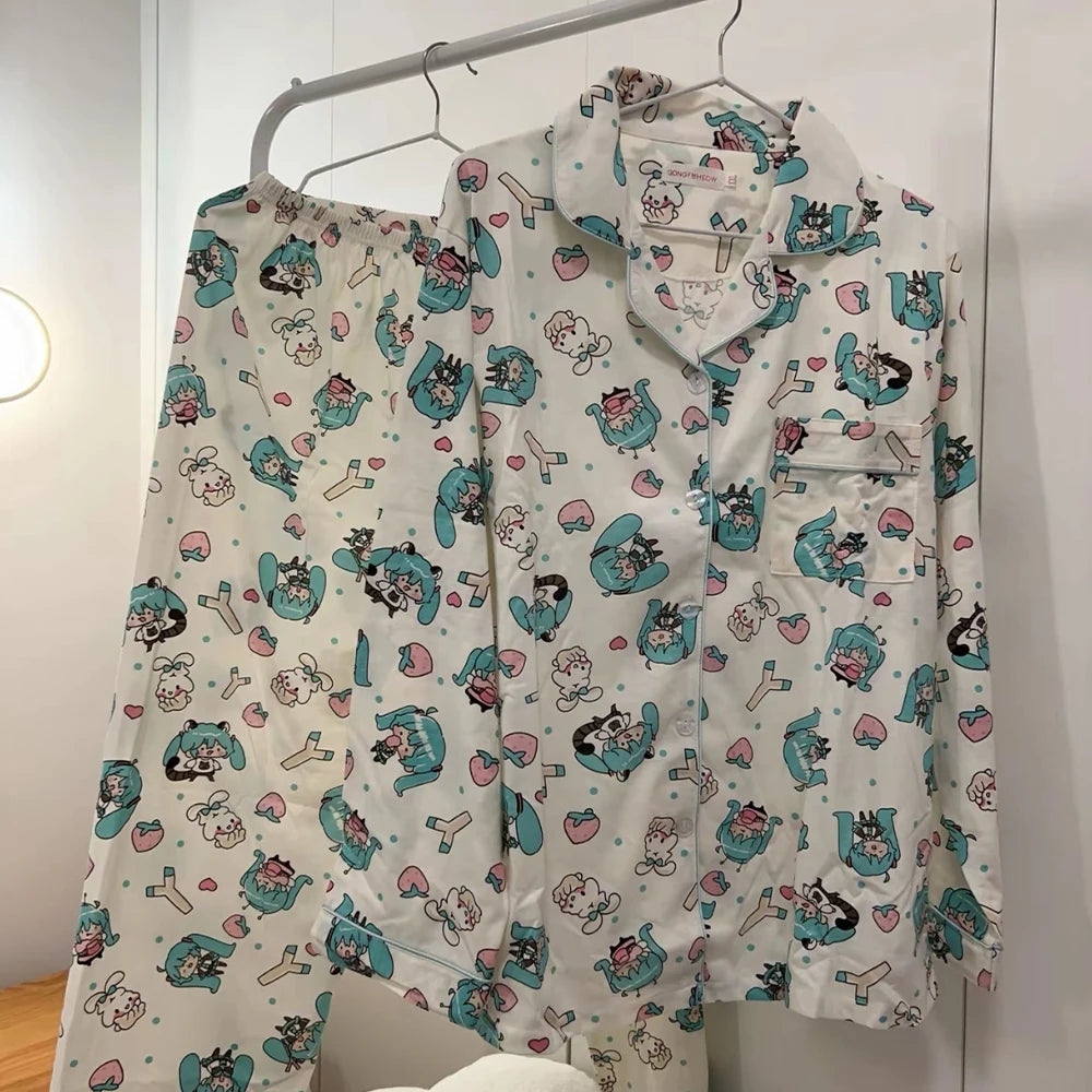 Kawaii Hatsune Miku Girl Long Sleeves Pajamas Set Soft Comfortable Women Sleepwear Cartoon Loose Pyjama Set Loose Home Clothes