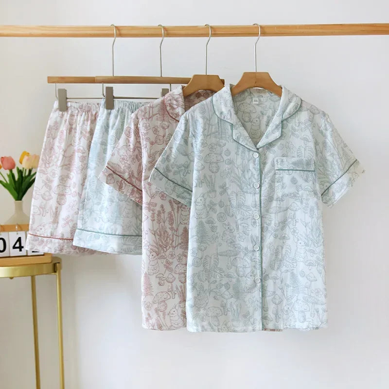 Double Layer Gauze Breathable Pajamas Cotton Fashion Print Short Sleeved Soft Home Clothing Set Summer Thin Two-piece Pyjama Set