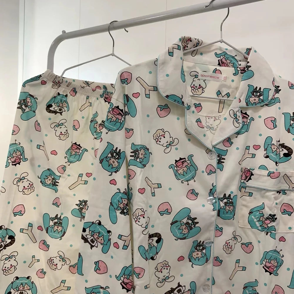 Kawaii Hatsune Miku Girl Long Sleeves Pajamas Set Soft Comfortable Women Sleepwear Cartoon Loose Pyjama Set Loose Home Clothes