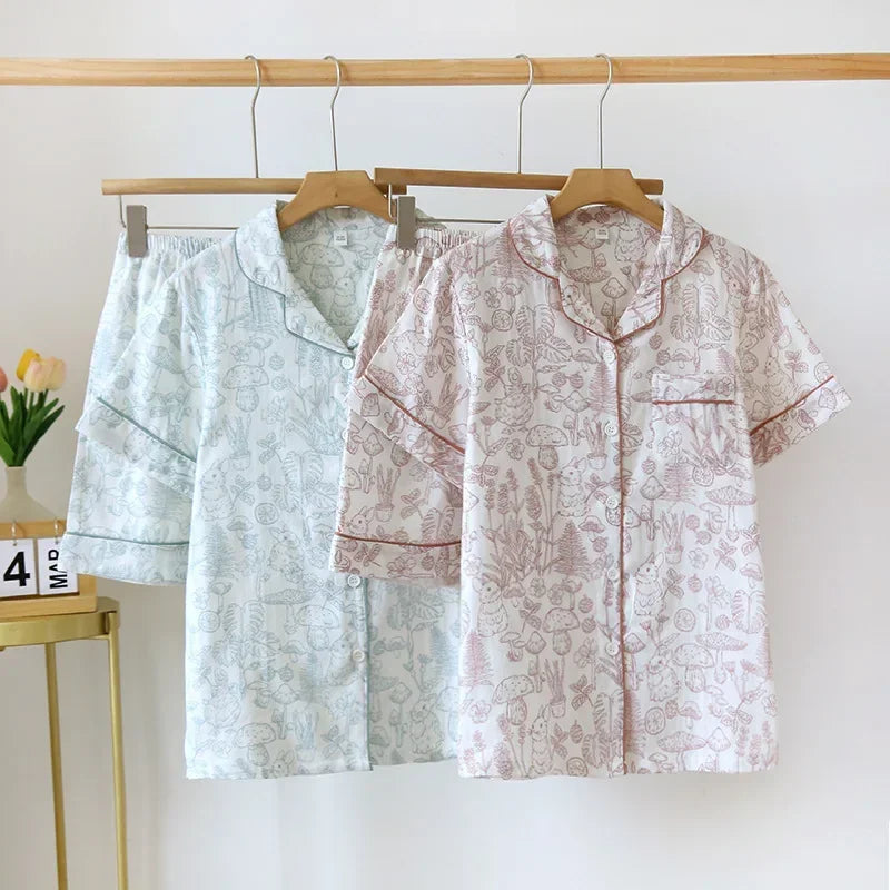 Double Layer Gauze Breathable Pajamas Cotton Fashion Print Short Sleeved Soft Home Clothing Set Summer Thin Two-piece Pyjama Set