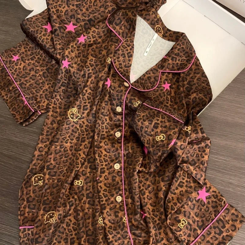 Sanrio Hello Kitty Sexy Pajamas for Women Kawaii Cartoon Spring Sleepwear Long Sleeve Pant Pyjama Leopard Print Pijama Home Suit