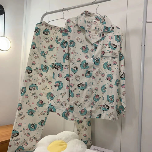 Kawaii Hatsune Miku Girl Long Sleeves Pajamas Set Soft Comfortable Women Sleepwear Cartoon Loose Pyjama Set Loose Home Clothes