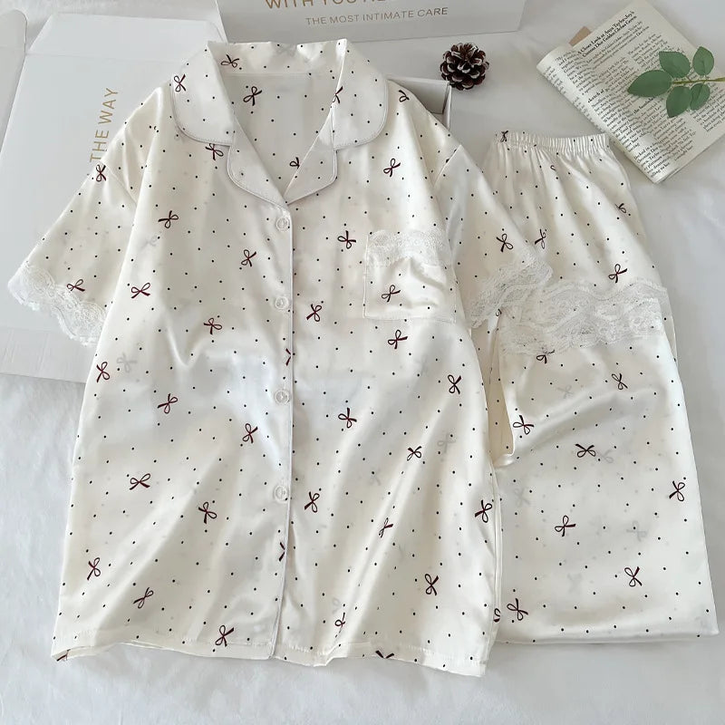 New Korean-Style Elegant Young Ladies' Pyjamas Summer New Arrival Short-Sleeved Polka Dot Bow Ice Silk Pyjama Set Homewear Set