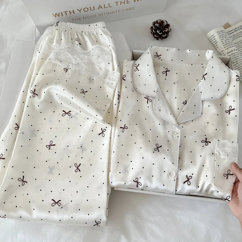 New Korean-Style Elegant Young Ladies' Pyjamas Summer New Arrival Short-Sleeved Polka Dot Bow Ice Silk Pyjama Set Homewear Set