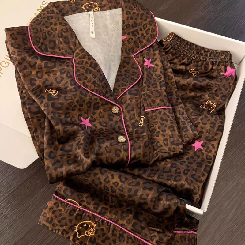 Sanrio Hello Kitty Sexy Pajamas for Women Kawaii Cartoon Spring Sleepwear Long Sleeve Pant Pyjama Leopard Print Pijama Home Suit