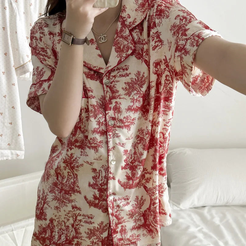Summer Women Short Sleeve Pajamas Set Shorts Loungewear Sexy Print Satin Nightwear Pijamas Suit Loose Pyjama Pour Femme Homewear
